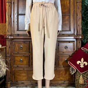 IMAN Light Tan Elastic Ruffle High Waist Tie Front Stretch Crepe Ankle Pant